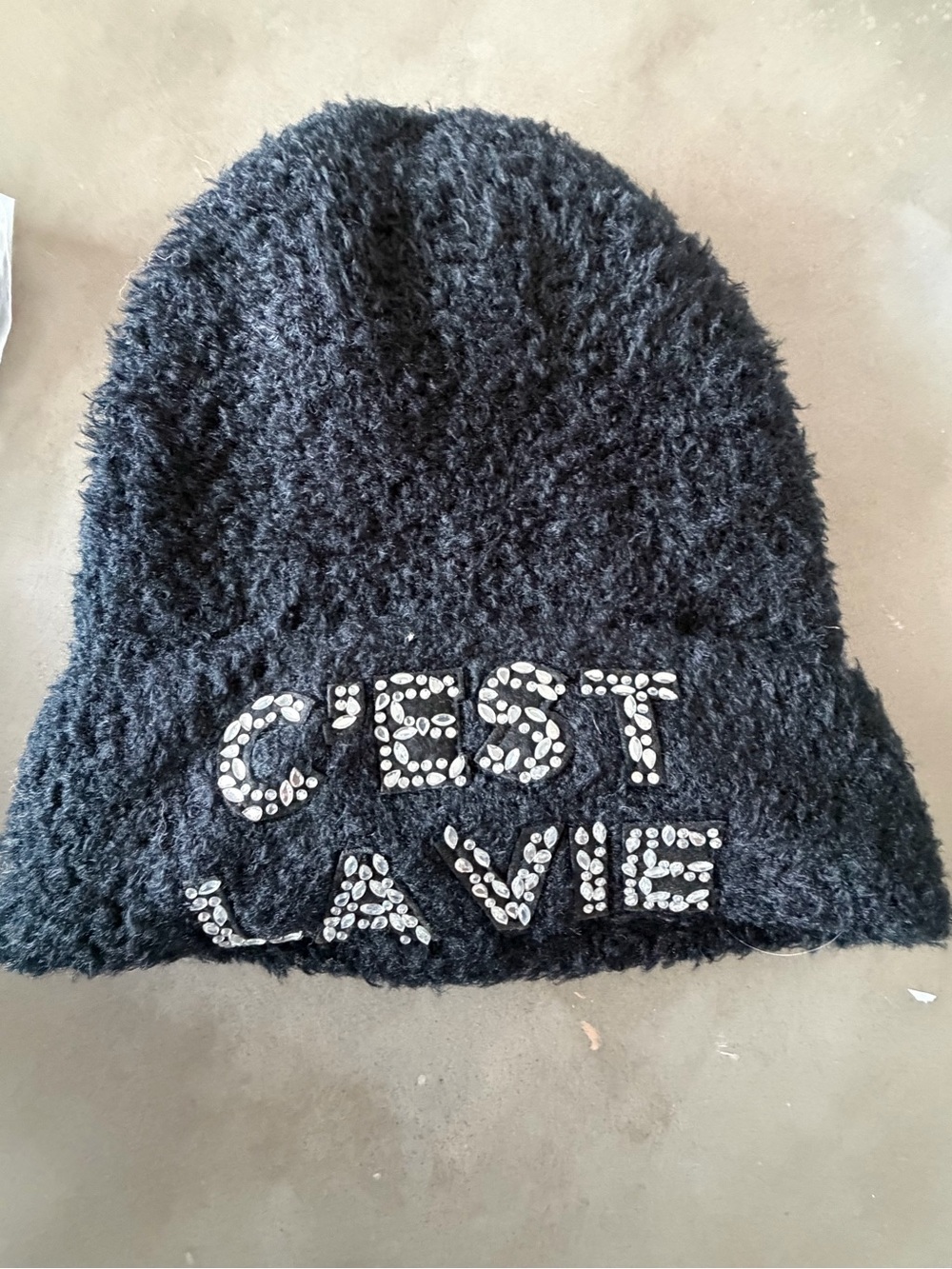 C'est La Vie Black Kids Knit Beanie with Rhinestone Accent